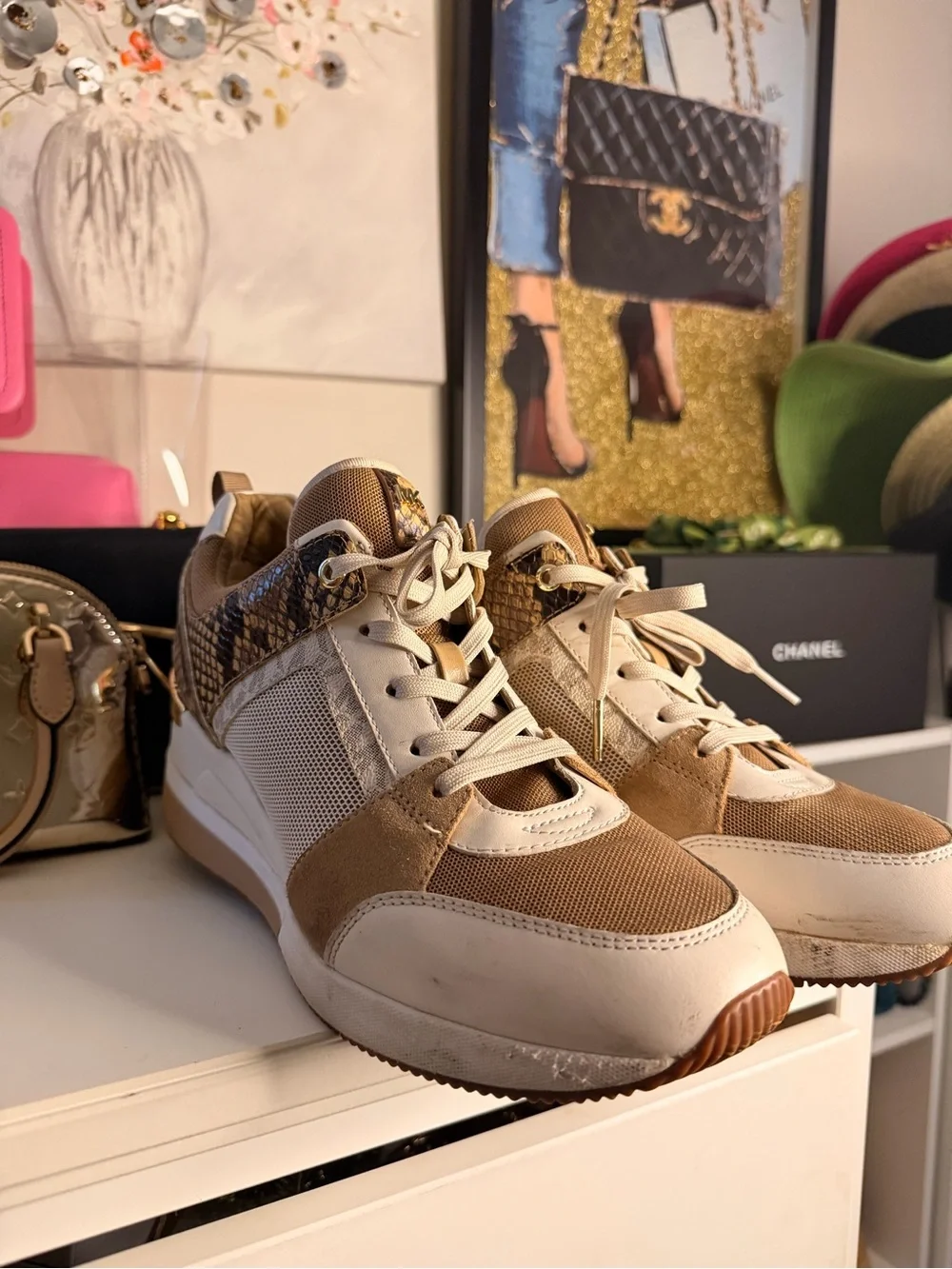 Michael Kors Beige and Snake-Print Platform Sneakers